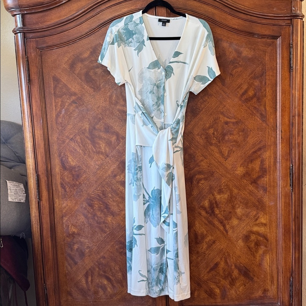 Alfani cream and green floral button tie front maxi dress size medium